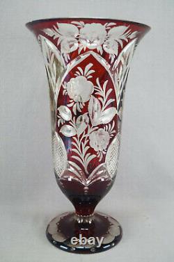 19th Century Bohemian R Wurtig Ruby Hand Painted Watteau Scene Cut Crystal Vase