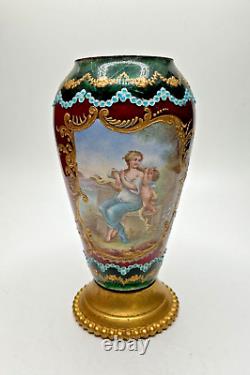 19th Century French Mother & Angel Enamel Hand Painted Gold Gilt Small Vase