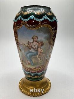 19th Century French Mother & Angel Enamel Hand Painted Gold Gilt Small Vase