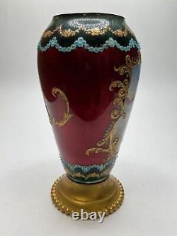 19th Century French Mother & Angel Enamel Hand Painted Gold Gilt Small Vase