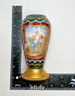 19th Century French Mother & Angel Enamel Hand Painted Gold Gilt Small Vase