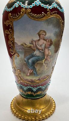 19th Century French Mother & Angel Enamel Hand Painted Gold Gilt Small Vase