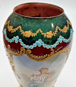 19th Century French Mother & Angel Enamel Hand Painted Gold Gilt Small Vase