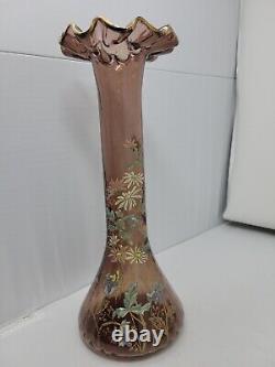 19th Century Moser Bohemian Purple Glass Vase With Enameled Flowers 12 Inches