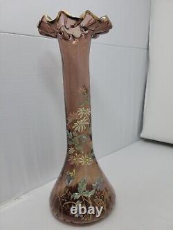 19th Century Moser Purple Glass Vase With Enameled Flowers 12 Inches