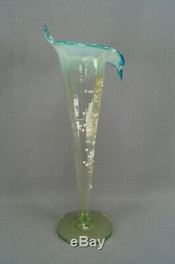 19th Century Moser Style Enameled Floral Jack in The Pulpit Vaseline Glass Vase