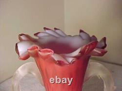 19th c Hand Blown Diamond Quilted Pink Hand-Blown Satin Glass Vase Ruffled Rim