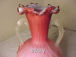 19th c Hand Blown Diamond Quilted Pink Hand-Blown Satin Glass Vase Ruffled Rim