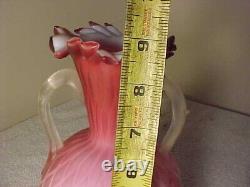 19th c Hand Blown Diamond Quilted Pink Hand-Blown Satin Glass Vase Ruffled Rim