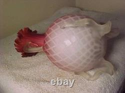 19th c Hand Blown Diamond Quilted Pink Hand-Blown Satin Glass Vase Ruffled Rim