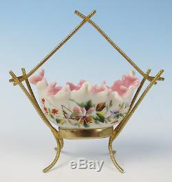 19thC. Victorian Enameled Glass Ormolu Mounted Dresser Dish Bowl Antique French