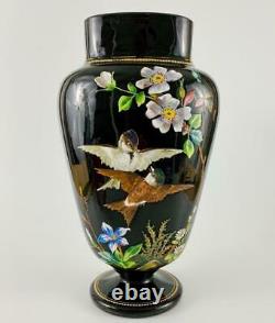 19thc Harrach Antique Black Glass VaseBirds & Lily RoseHand PaintedGold Gilt