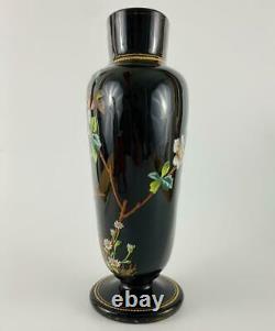 19thc Harrach Antique Black Glass VaseBirds & Lily RoseHand PaintedGold Gilt
