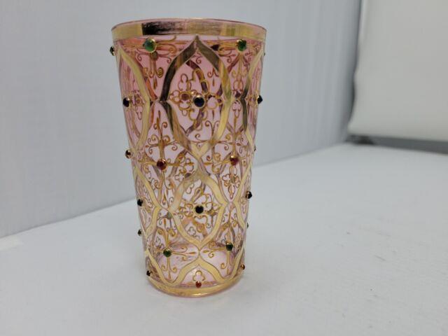 19thc Moser Juice Glass Hand Painted Gold, Jeweled On Cranberry Glass 3 3/4 Inch