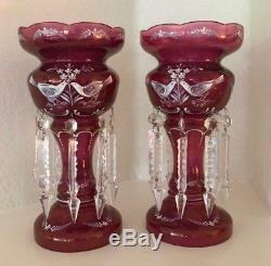 (2) Antiq. Bohemian Cranberry Colored Glass Mantle Lustre Painted Doves withPrisms