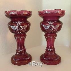 (2) Antiq. Bohemian Cranberry Colored Glass Mantle Lustre Painted Doves withPrisms