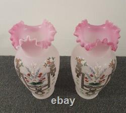 2 Antique Art Glass Vases Enameled Christopher Dresser Webb Bristol Vaseline