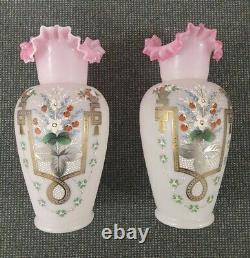 2 Antique Art Glass Vases Enameled Christopher Dresser Webb Bristol Vaseline