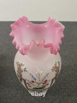 2 Antique Art Glass Vases Enameled Christopher Dresser Webb Bristol Vaseline