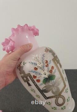 2 Antique Art Glass Vases Enameled Christopher Dresser Webb Bristol Vaseline