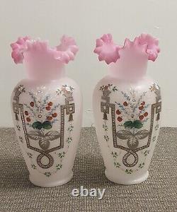 2 Antique Art Glass Vases Enameled Christopher Dresser Webb Bristol Vaseline