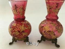 2 Antique Cranberry Pink Glass Mini Vases Gold Enamel Decor Butterfly Brass Feet