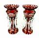 2 Antique Etched Bohemian Ruby Red Glass Mantle Lusters With Cut Crystal Prisms
