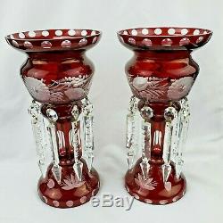 2 Antique Etched Bohemian Ruby Red Glass Mantle Lusters With Cut Crystal Prisms