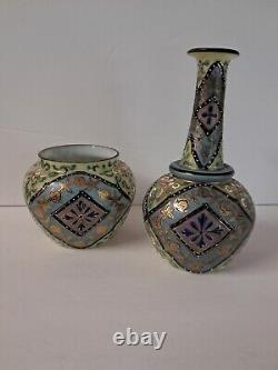 2 Antique Harrach Bohemian Czech Glass Victorian Blue Pink Cream Moroccan Vases