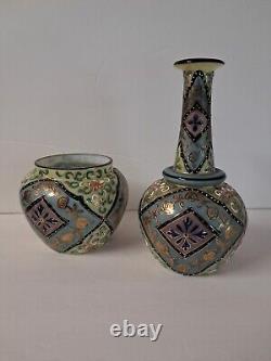 2 Antique Harrach Bohemian Czech Glass Victorian Blue Pink Cream Moroccan Vases