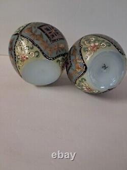 2 Antique Harrach Bohemian Czech Glass Victorian Blue Pink Cream Moroccan Vases