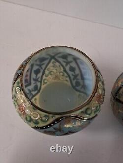 2 Antique Harrach Bohemian Czech Glass Victorian Blue Pink Cream Moroccan Vases