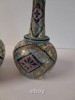 2 Antique Harrach Bohemian Czech Glass Victorian Blue Pink Cream Moroccan Vases