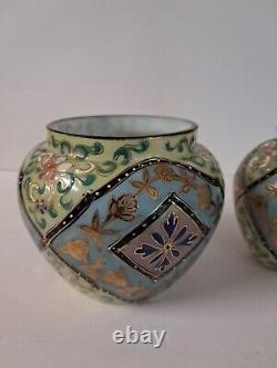 2 Antique Harrach Bohemian Czech Glass Victorian Blue Pink Cream Moroccan Vases