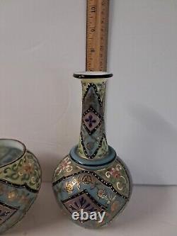 2 Antique Harrach Bohemian Czech Glass Victorian Blue Pink Cream Moroccan Vases