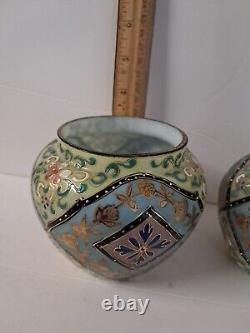 2 Antique Harrach Bohemian Czech Glass Victorian Blue Pink Cream Moroccan Vases