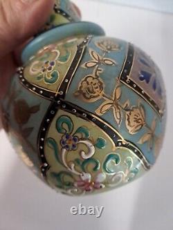 2 Antique Harrach Bohemian Czech Glass Victorian Blue Pink Cream Moroccan Vases