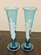 2 Antique Victorian Blue Glass Trumpet Fluted Bud Vase/enamel Paint Goddess/rare