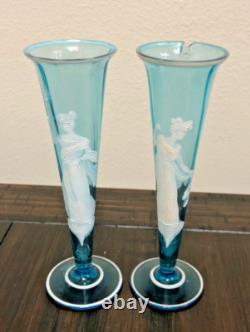 2 Antique Victorian Blue Glass Trumpet Fluted Bud Vase/Enamel Paint Goddess/RARE 2 Antique Victorian Blue Glass Trumpet Fluted Bud Vase/Enamel Paint Goddess/RARE