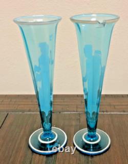 2 Antique Victorian Blue Glass Trumpet Fluted Bud Vase/Enamel Paint Goddess/RARE 2 Antique Victorian Blue Glass Trumpet Fluted Bud Vase/Enamel Paint Goddess/RARE