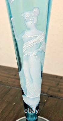 2 Antique Victorian Blue Glass Trumpet Fluted Bud Vase/Enamel Paint Goddess/RARE 2 Antique Victorian Blue Glass Trumpet Fluted Bud Vase/Enamel Paint Goddess/RARE