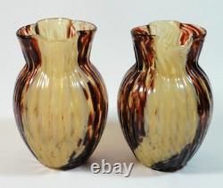 2 Antique Victorian Bohemian Harrach Ruby Red & Amber Quatrefoil Glass Vase Set