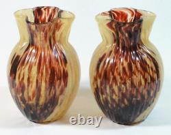2 Antique Victorian Bohemian Harrach Ruby Red & Amber Quatrefoil Glass Vase Set