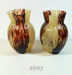 2 Antique Victorian Bohemian Harrach Ruby Red & Amber Quatrefoil Glass Vase Set