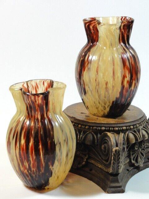 2 Antique Victorian Bohemian Harrach Ruby Red & Amber Splatter Glass Vase Set