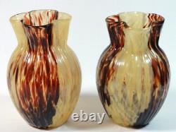 2 Antique Victorian Bohemian Harrach Ruby Red & Amber Splatter Glass Vase Set