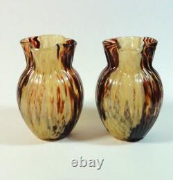 2 Antique Victorian Bohemian Harrach Ruby Red & Amber Splatter Glass Vase Set