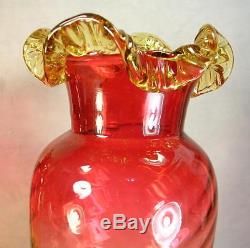 (2) Antique Victorian Czech Hand Blown Amberina Art Glass Vases Applied Rigaree