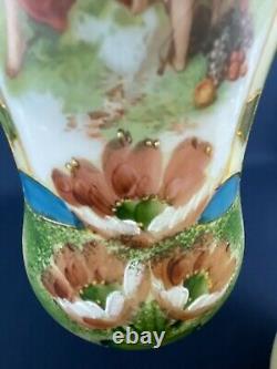 2 Antique Victorian art nouveau large white glass, hand painted vases c. 1890s