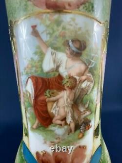 2 Antique Victorian art nouveau large white glass, hand painted vases c. 1890s